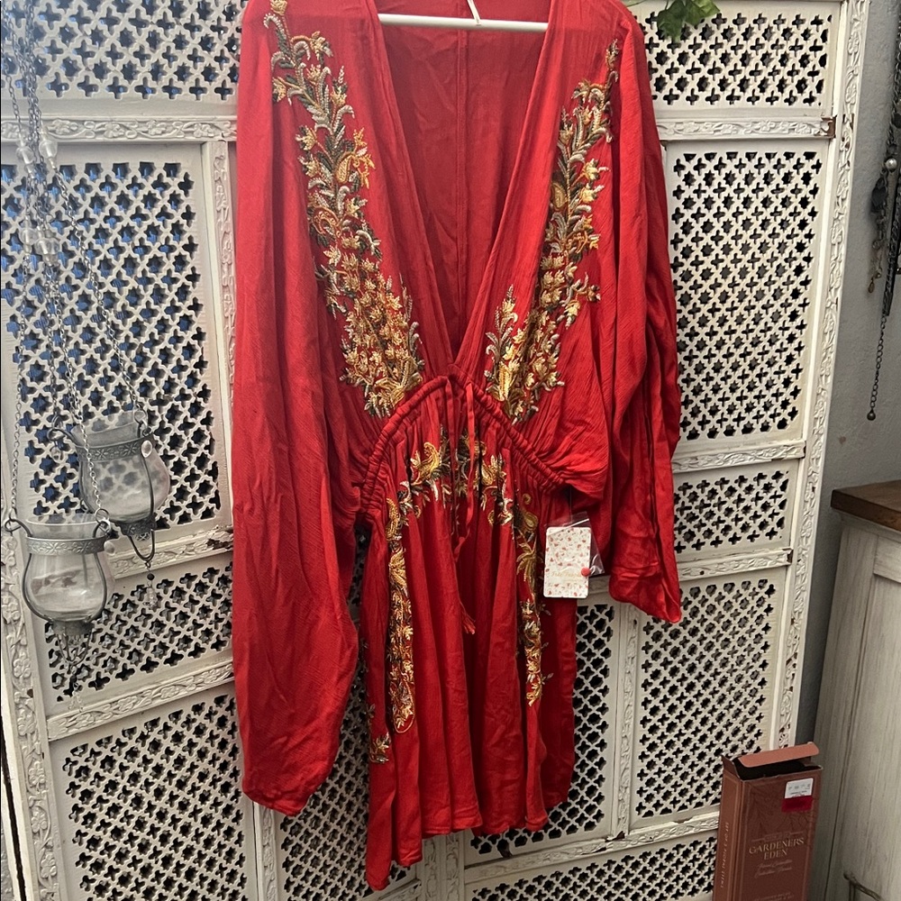 Free People Red Floral Embroidered Tunic